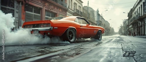 In a display of raw power, a red performance car burns rubber on a deserted urban street, smoke engulfing the area as its tires scream against the pavement  8K , high-resolution, ultra HD,up32K HD