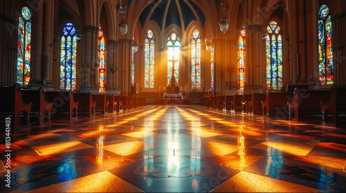An empty church  the early morning light filtering through the stained glass windows  casting colorful patterns on the floor  a tranquil setting before the celebration of resurrection  8K   high-resol
