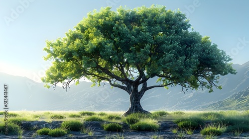 Majestic Tree Dominating Lush Green Countryside Landscape with Mountainous Background