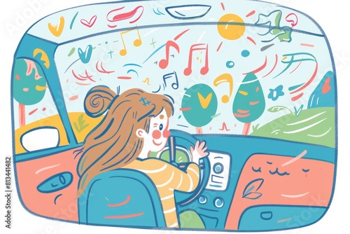 Cartoon cute doodles of someone taking a scenic drive alone, with the windows rolled down and their favorite tunes playing on the radio, Generative AI