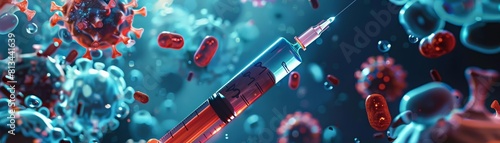 A dynamic 3D animation showcasing a syringe delivering a powerful virus vaccine represents cuttingedge pharmaceutical research, Sharpen banner template with copy space on center