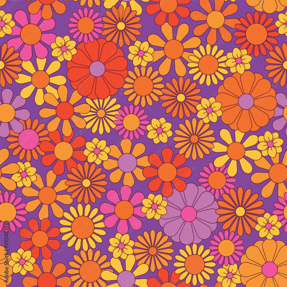 Groovy flowers vector illustration, hippie aesthetic. Psychedelic wallpaper. Colorful floral seamless pattern. Funny multicolored print for fabric, paper, any surface design. Groovy flowers vector illustration, hippie aesthetic. Psychedelic wallpaper. Colorful floral seamless pattern. Funny multicolored print for fabric, paper, any surface design.