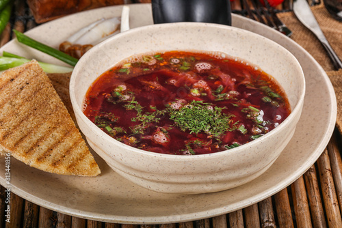 Russian cabbage and beetroot soup Borsch photo