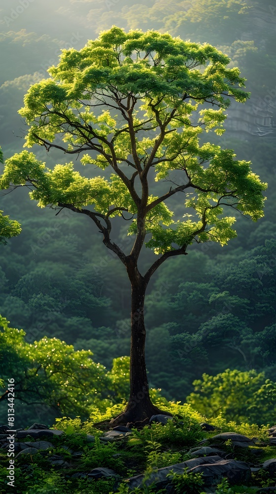 Obraz premium Majestic Solitary Tree Stands Tall in Lush Green Mountain Landscape