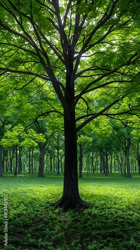 Lush and Thriving Woodland Landscape with Majestic Trees in Full Bloom