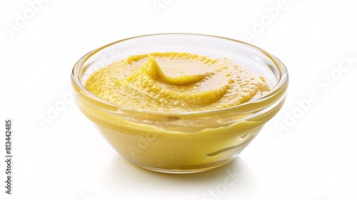 A dish of yellow condiment set apart on a blank surface.