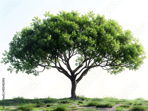Isolated Flourishing Tree with Lush Green Foliage in Peaceful Rural Landscape