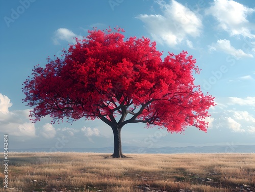 Solitary Red Tree Stands Tall in Peaceful Countryside Landscape with Blue Sky and Clouds