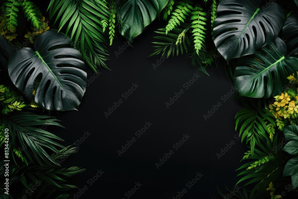 border frame of exotic tropical foliage with copy space 