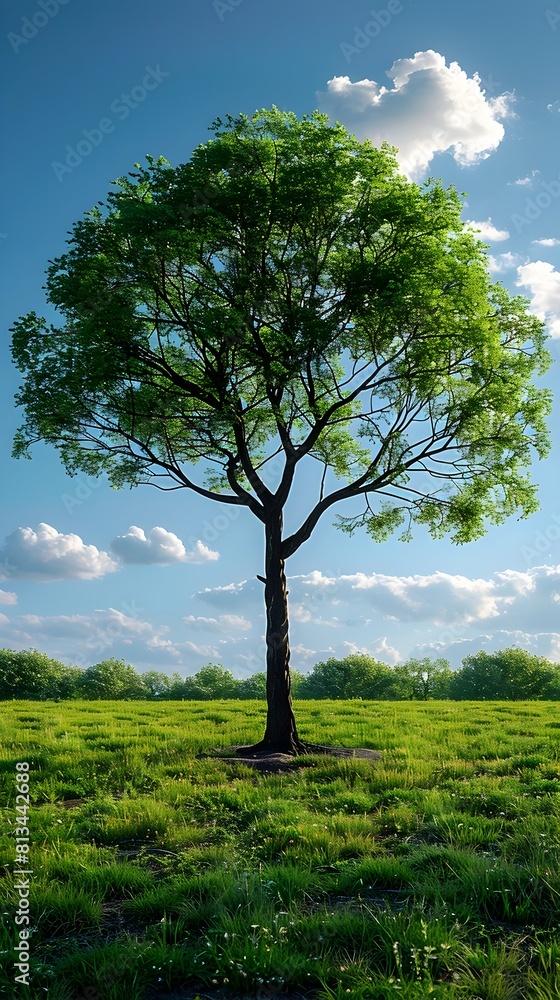 Obraz premium Majestic Green Tree Stands Tall in Verdant Outdoor Landscape with Fluffy Clouds and Bright Sunlight