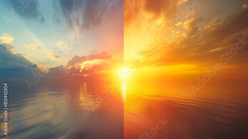 Summer Solstice Sunrise And Sunset Over Sea Water, Sun Equinox And Beach Waves photo