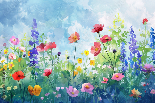 A garden scene filled with variety of blooming flowers in watercolor style , cartoon drawing, water color style  © xadartstudio