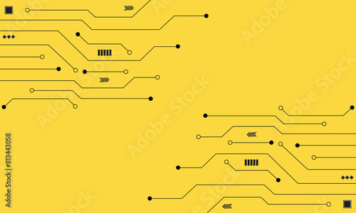 Cyberpunk black circuit diagram on white background. High-tech circuit board connection system. Central Computer Processors CPU concept. technology on yellow background.