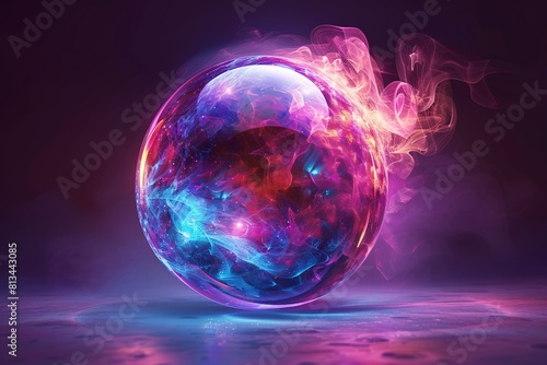 Sparkling enchanted globe with luminous aura and mystical properties in 3D design, featuring a vibrant blend of emerald, lavender, and sapphire tones.