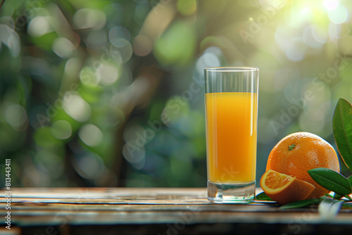 A glass of orange juice on a wooden table There is an orange and leaves on the table The background is blurred 