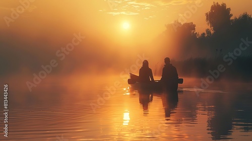 55 Couple in a canoe on a serene lake at sunrise, mist around, celebrating their anniversary in solitude