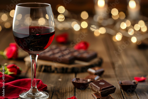 a glass of red wine and decadent chocolates for a romantic evening 