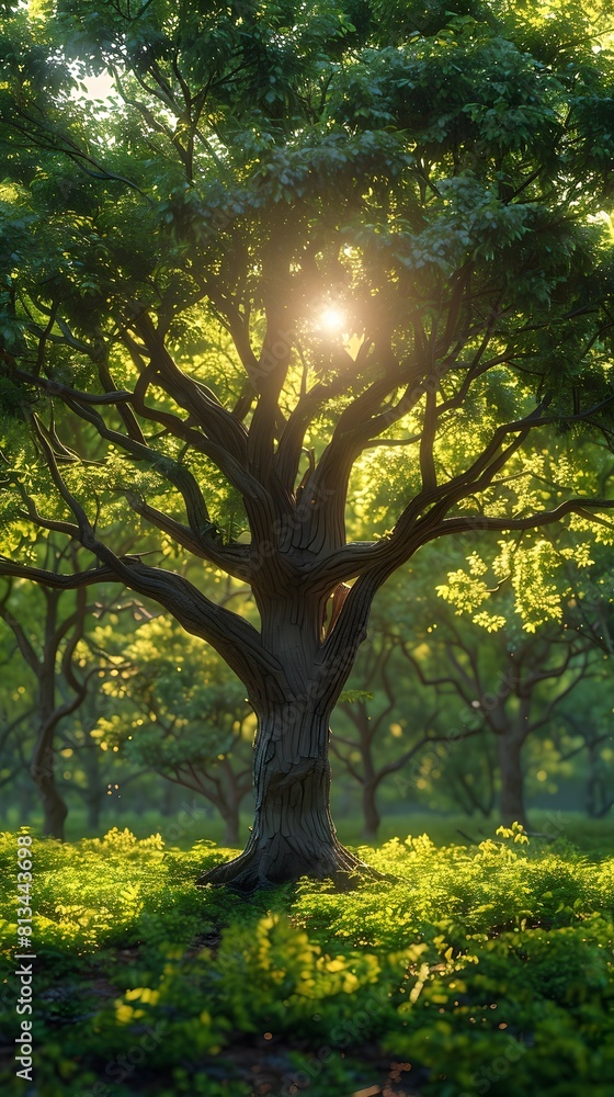 Obraz premium Majestic Tree Illuminated by Warm Sunlight in Lush Green Forest Landscape