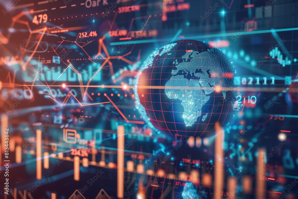 A globe surrounded by financial symbols, lines connecting major cities, showcasing the global economic infrastructure A globe surrounded by financial symbols, lines connecting major cities, showcasing the global economic infrastructure