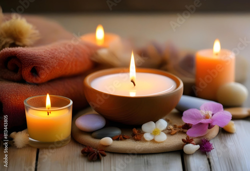 A candle surrounded by pink Himalayan salt and dried flowers in a wooden surface