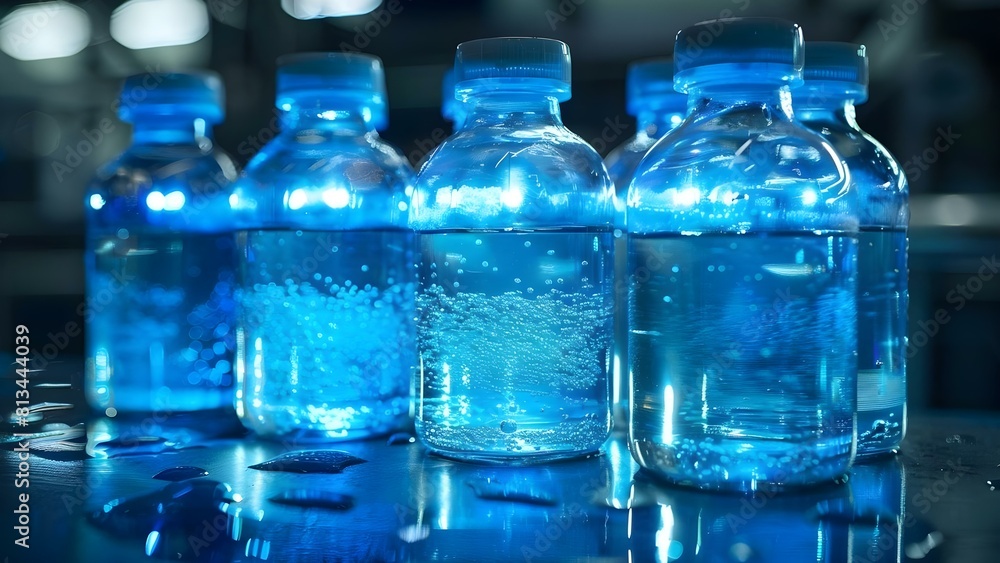 Glass bottles filled with solution sterilized by UV light for purity. Concept UV Light Sterilization, Glass Bottles, Purity Solution, Sterilization Process Glass bottles filled with solution sterilized by UV light for purity. Concept UV Light Sterilization, Glass Bottles, Purity Solution, Sterilization Process