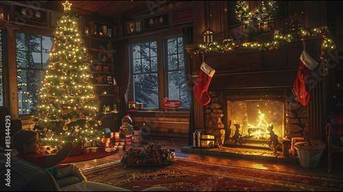 living room adorned with holiday decorations, with a family gathered around a crackling fireplace, sharing stories and laughter during their annual tradition of decorating the Christmas tree together. photo