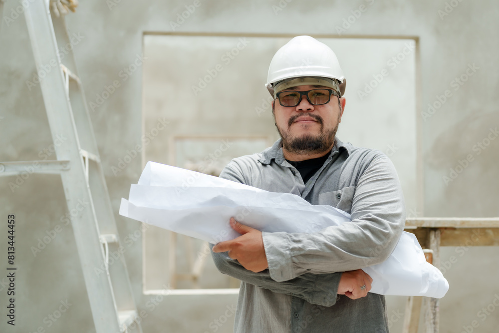 Content engineer with hard hat and plans at a new construction site. Satisfied construction professional ready to execute a building project. Content engineer with hard hat and plans at a new construction site. Satisfied construction professional ready to execute a building project.