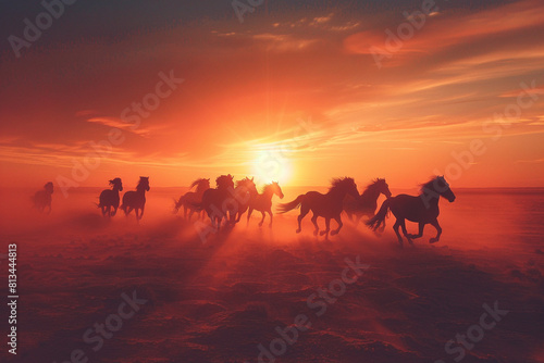 a group of horses running in the desert at sunset
