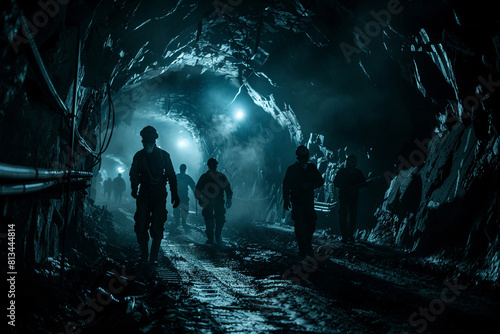 A group of miners collaborating and working together in a dark underground tunnel, representing the importance of teamwork and camaraderie in the mining industry