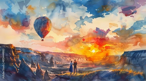 95 Romantic balloon ride over Cappadocia, couple watching the sunrise on their anniversary, surrounded by unique landscapes