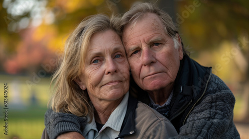 Sad and somber US Marine retired vet in his 70's poses for photo with his wife, both with piercing blue eyes, outside.
