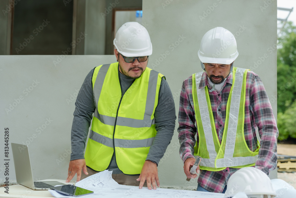 Two male construction workers consult blueprints, teamwork in planning, problem-solving at building site, one holding a mobile phone. Work of construction engineers on the job site Two male construction workers consult blueprints, teamwork in planning, problem-solving at building site, one holding a mobile phone. Work of construction engineers on the job site