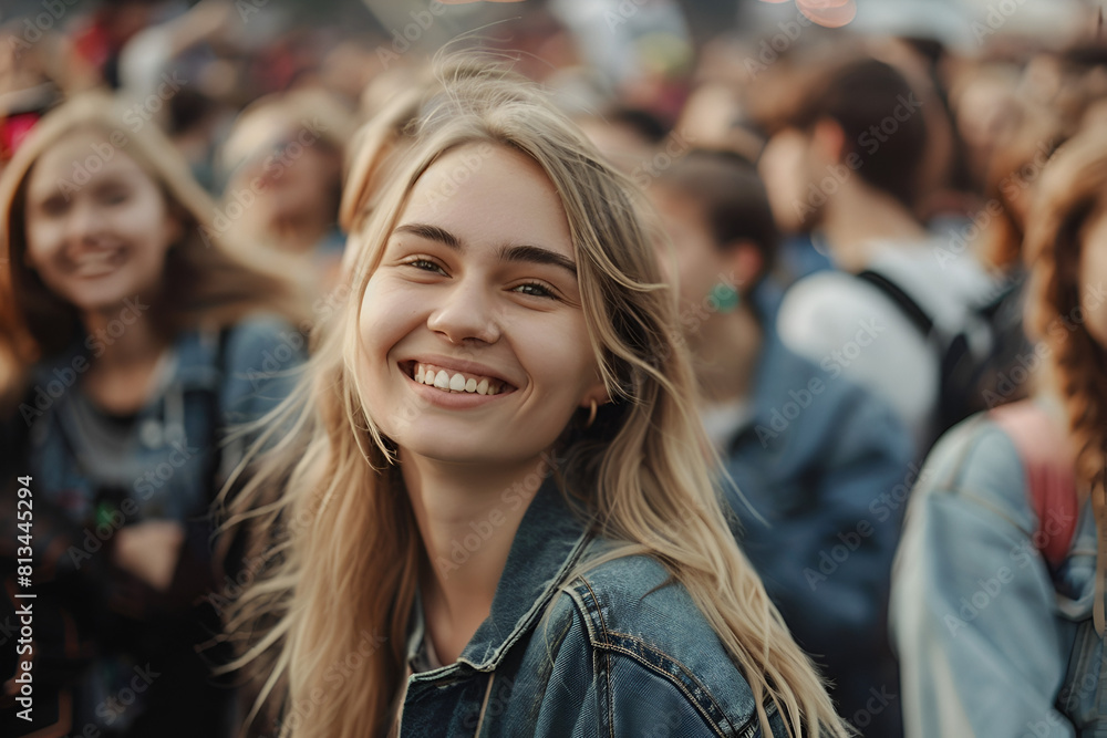 Cute blonde woman smiling in front of large crowd of people