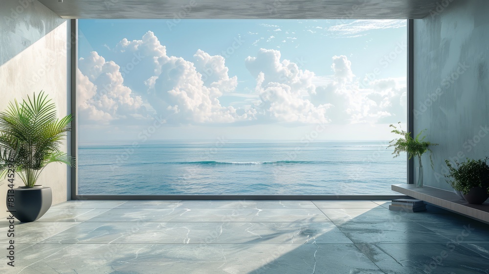 Modern residential, hotel, and homestay interior spaces: the ocean outside the windows