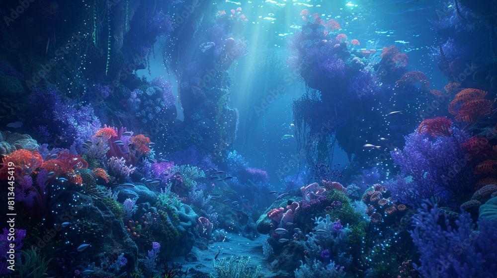 Fototapeta premium An ethereal underwater kingdom filled with shimmering coral reefs and graceful sea creatures, evoking the depths of introspection and discovery.