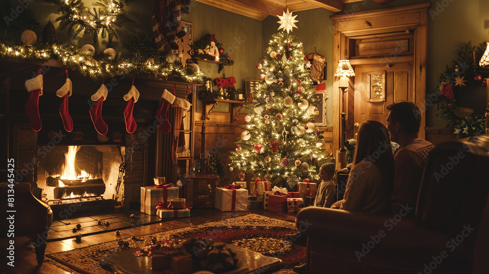 A cozy living room adorned with holiday decorations, with a family gathered around a crackling fireplace, sharing stories and laughter during their annual tradition