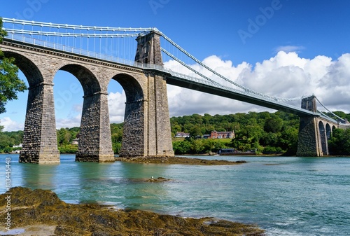 View of Menai Suspension Bridge, Anglesey, Wales, Europe.  photo