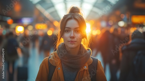 Young Woman in Sunset Light at Busy Station