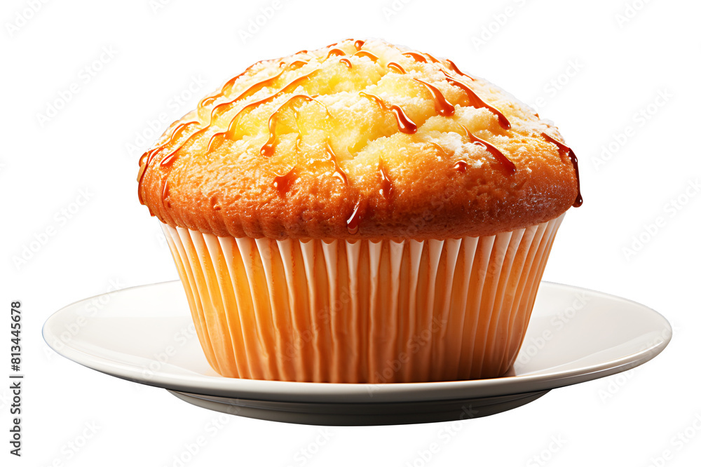 Muffin cupcake close up in white ceramic dish isolated on cut out PNG or transparent background. Bread, made into small loaves. Popularly eaten for breakfast or serve as snack with tea. Muffin cupcake close up in white ceramic dish isolated on cut out PNG or transparent background. Bread, made into small loaves. Popularly eaten for breakfast or serve as snack with tea.