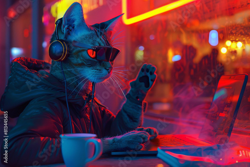 A hacker cat with a headset, sitting in a futuristic cafe, anonymously exposing cyber threats over a secure network © xadartstudio