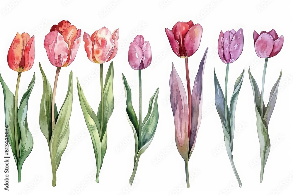 A set of watercolor of tulips in various stages of bloom, illustrating the lifecycle of these elegant spring flowers, Clipart isolated concept minimal with white background A set of watercolor of tulips in various stages of bloom, illustrating the lifecycle of these elegant spring flowers, Clipart isolated concept minimal with white background