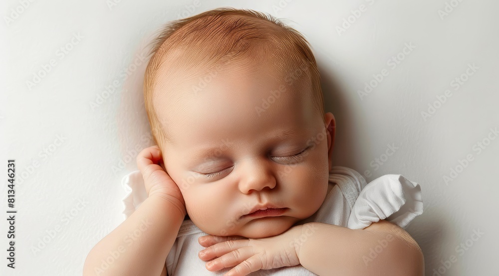 A baby sleeping on a white surface. A baby sleeping on a white surface.