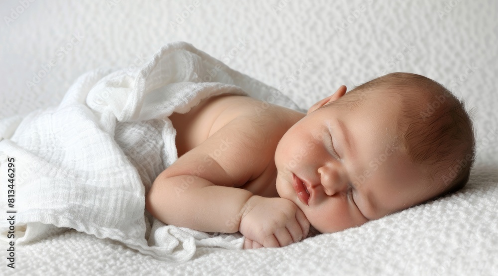 A baby sleeping on a white blanket. A baby sleeping on a white blanket.