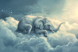 Cute little elephant sleeping on clouds