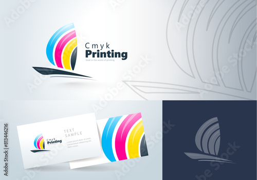 Logo Printing theme CMYK Polygraphy. Abstract Sailboat silhouette. Template design vector.