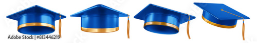 Square academic cap, blue graduation hat or mortarboard with golden tassel, for graduates of college, high school, university. Clothes for degree ceremony. 3d realistic isolated vector illustration