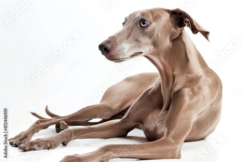A large brown dog with blue eyes laying down.