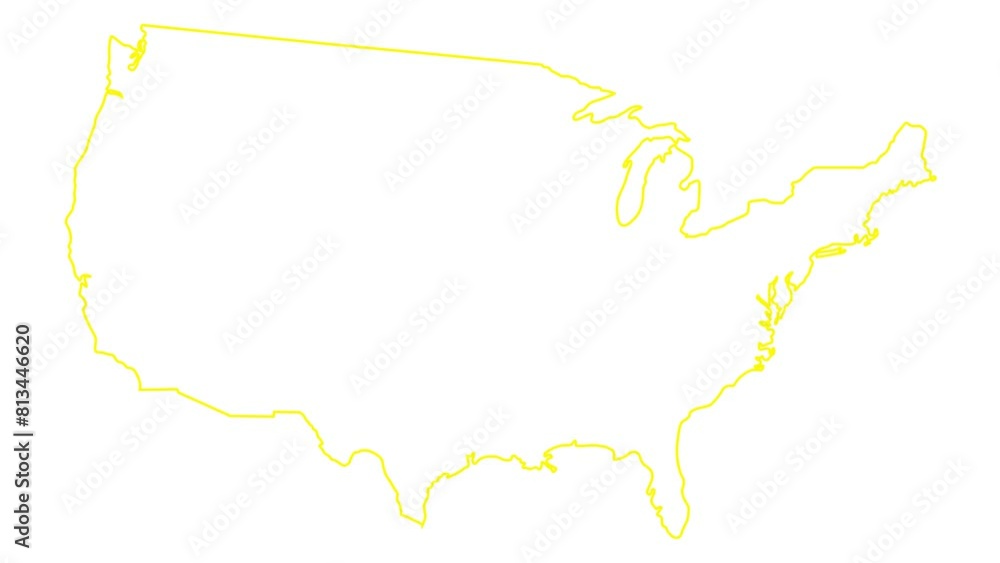 Animated linear yellow icon of USA map is drawn. Symbol of United states of America. Line vector illustration isolated on white background. Animated linear yellow icon of USA map is drawn. Symbol of United states of America. Line vector illustration isolated on white background.