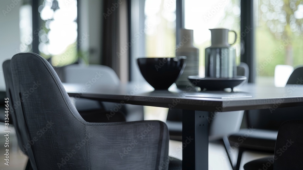 Modern Dining Area with Bold Orange Chairs and Sleek Black Table, Great for Modern Home and Interior Design Modern Dining Area with Bold Orange Chairs and Sleek Black Table, Great for Modern Home and Interior Design