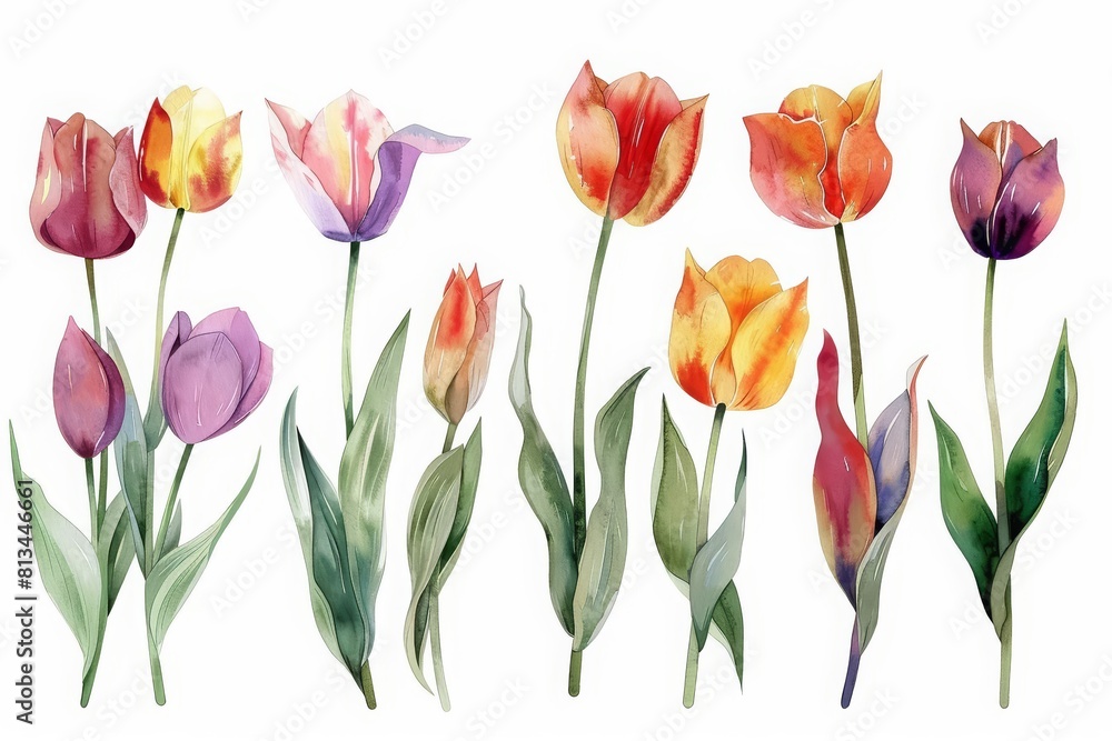A set of watercolor of tulips in various stages of bloom, illustrating the lifecycle of these elegant spring flowers, Clipart isolated concept minimal with white background A set of watercolor of tulips in various stages of bloom, illustrating the lifecycle of these elegant spring flowers, Clipart isolated concept minimal with white background